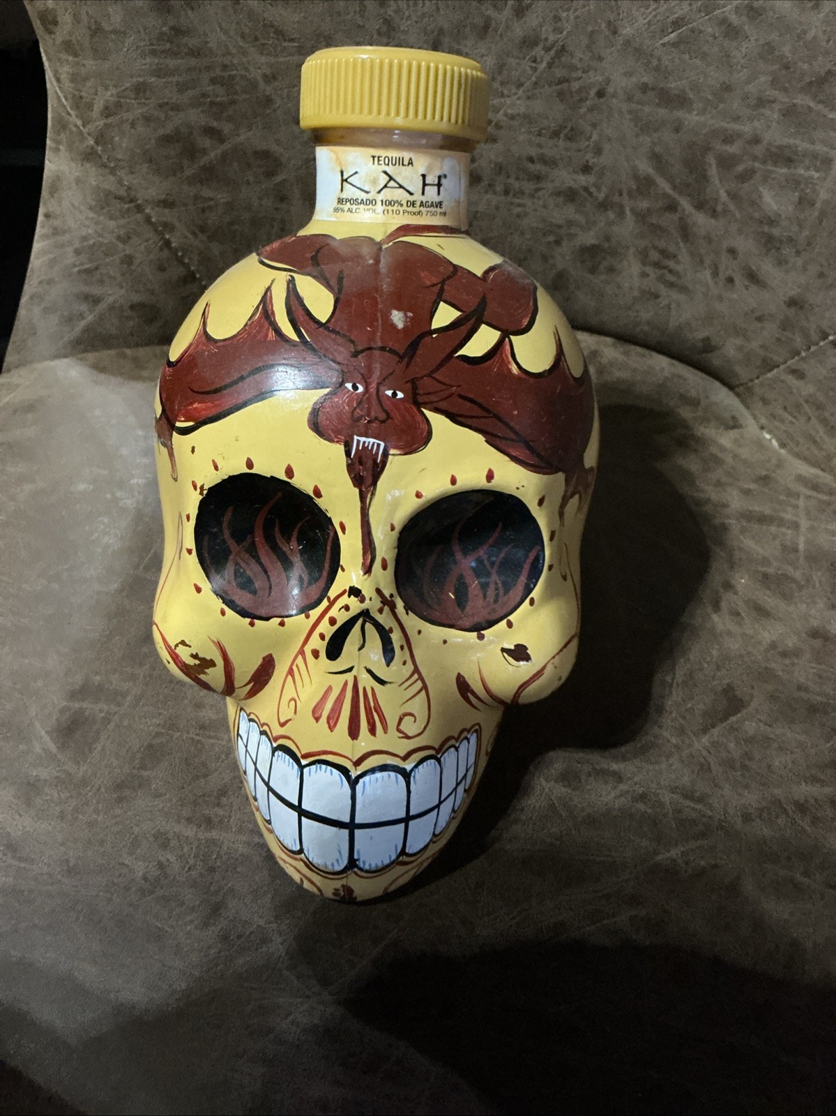 KAH Tequila Skull EMPTY Bottle 750ml Dia de Los Muertos Hand Painted Yellow