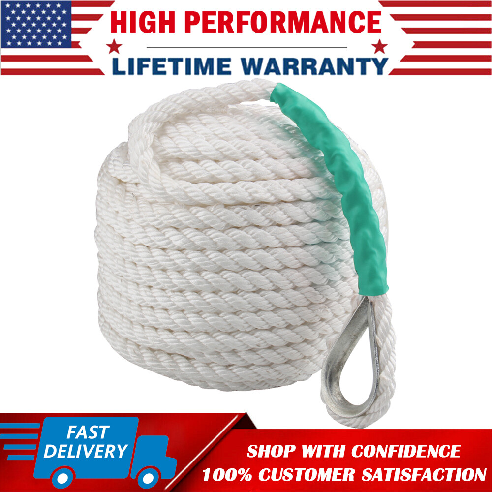 1/2"x200FT Boat Anchor Line Nylon Rope 3 Strand Twisted White Rope With Thimble