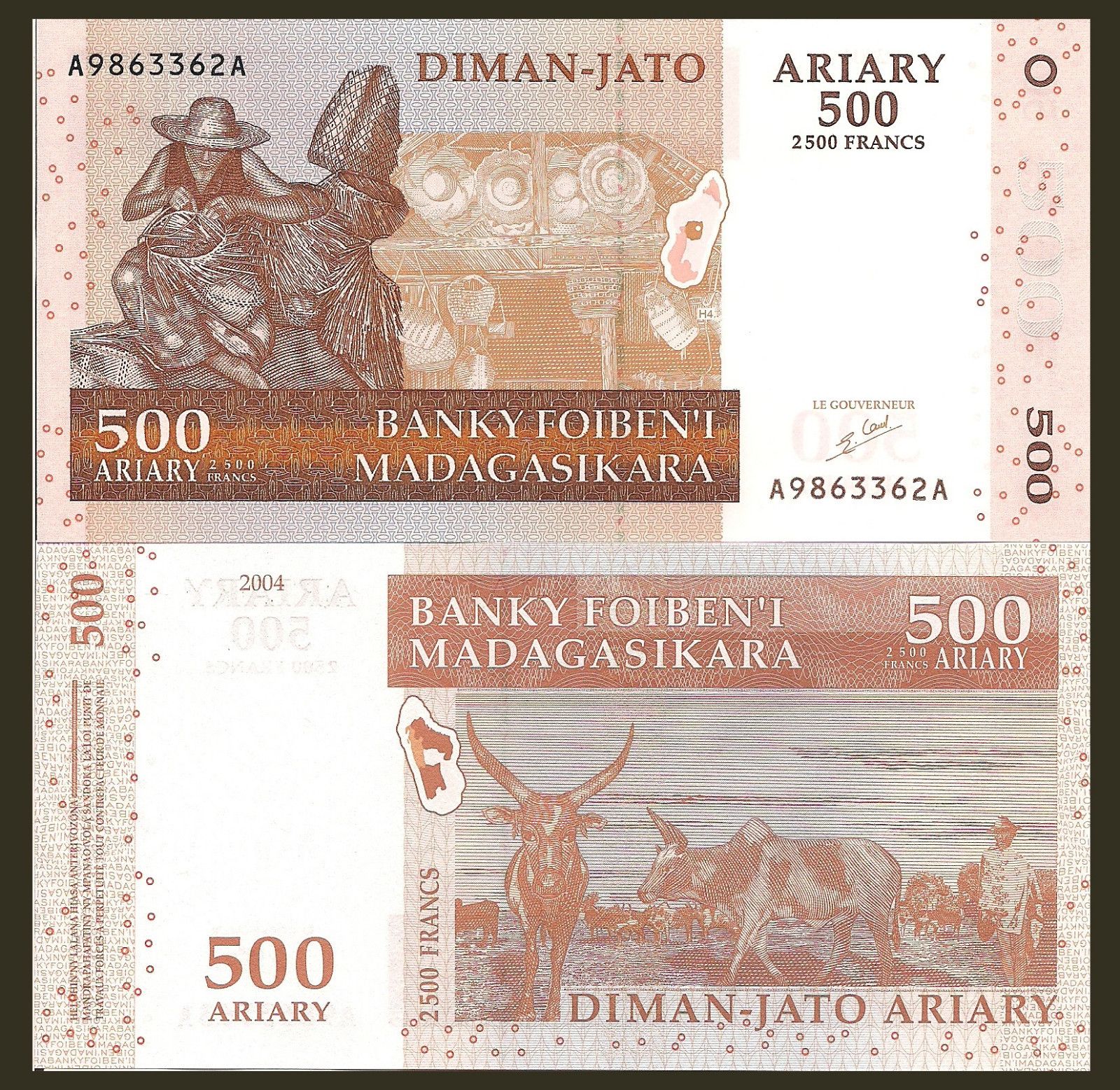 Madagascar P88a or b, 500 Ariary,  Basket weaver / peasant, oxen UNC  USA seller