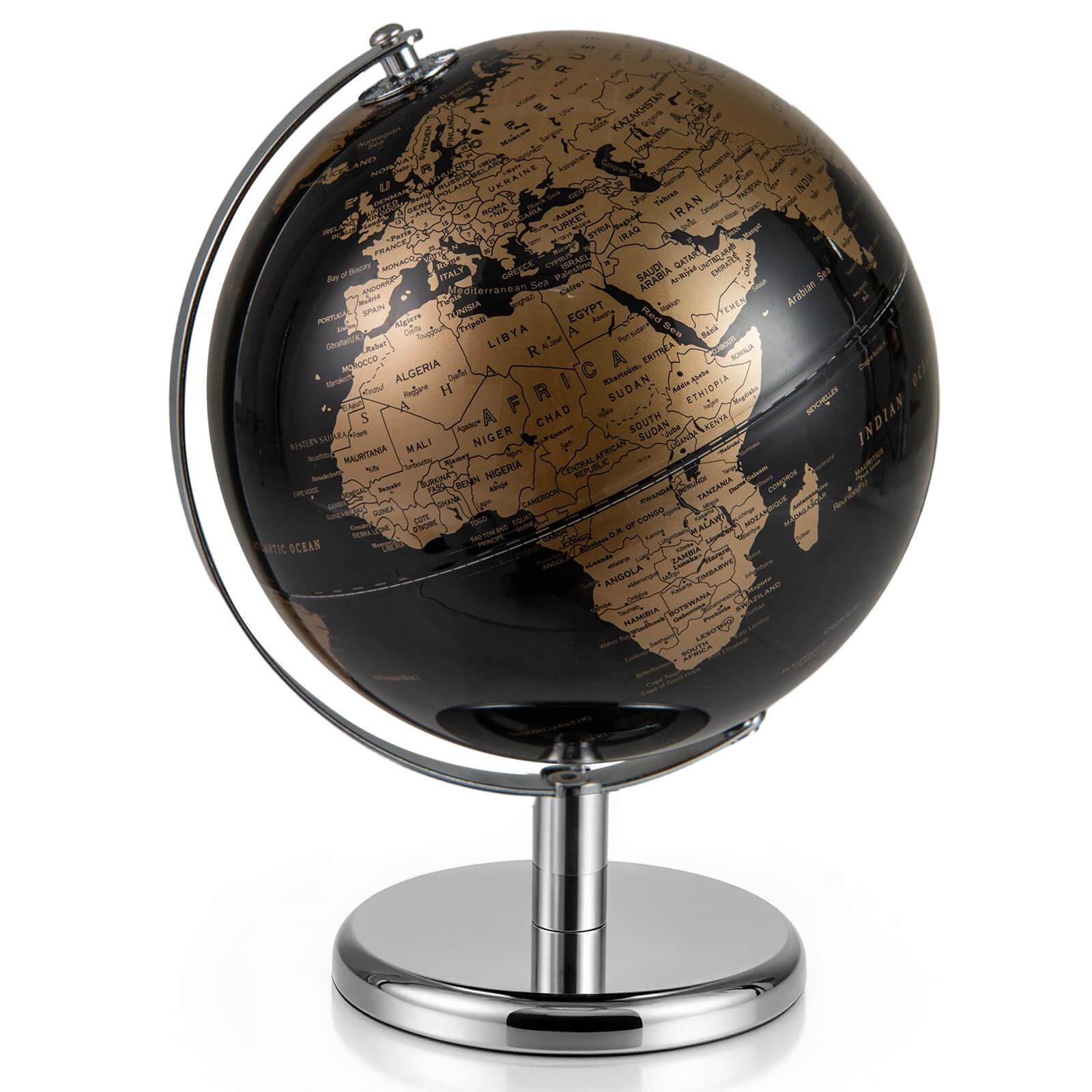 Metallic Black World Globe 8-Inch Rotating Earth Globe Metal Stand Teaching Gift