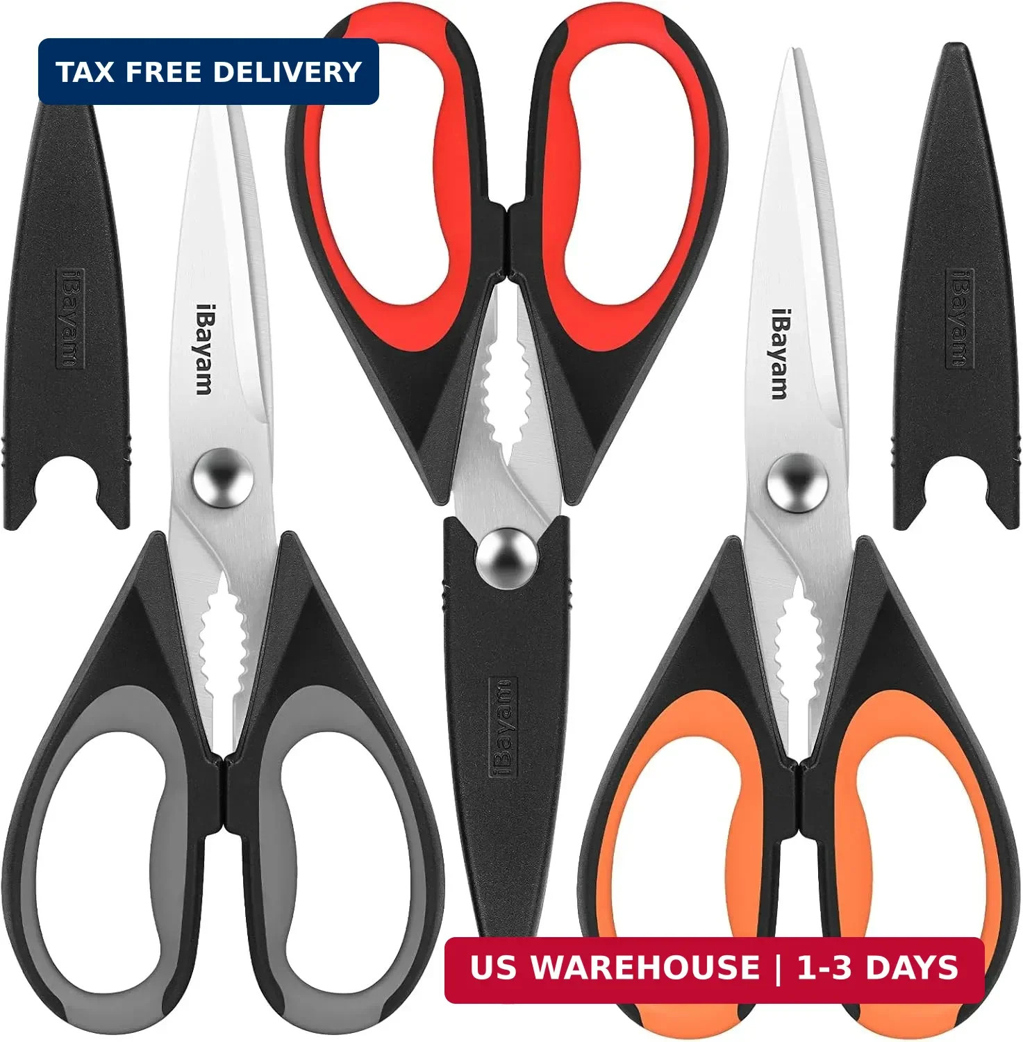 iBayam 3-Pack 8.7" Kitchen Scissors All Purpose Heavy Duty Shears w/Sheath | Sof
