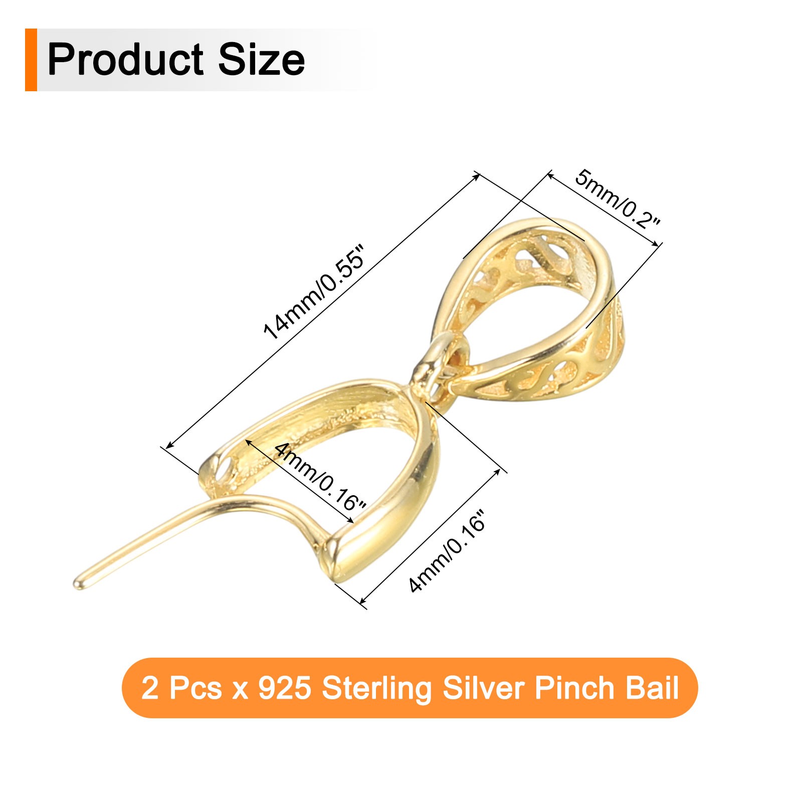 2Pcs 925 Sterling Silver Pinch Bail, 14mm Pendant Bail Clasp Connector, Gold