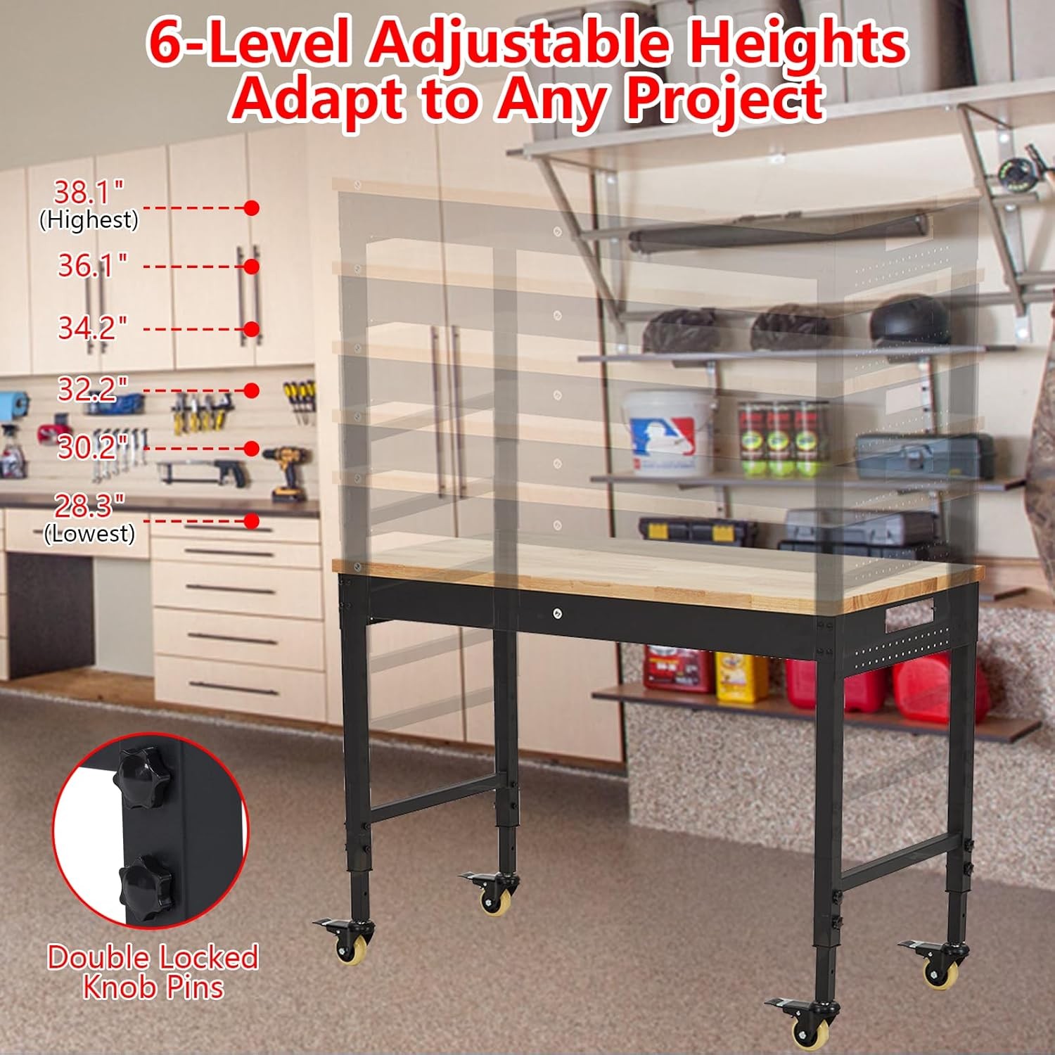 48"X24" Heavy Duty Rolling Workbench with LED & Power Strip, Adjustable Height