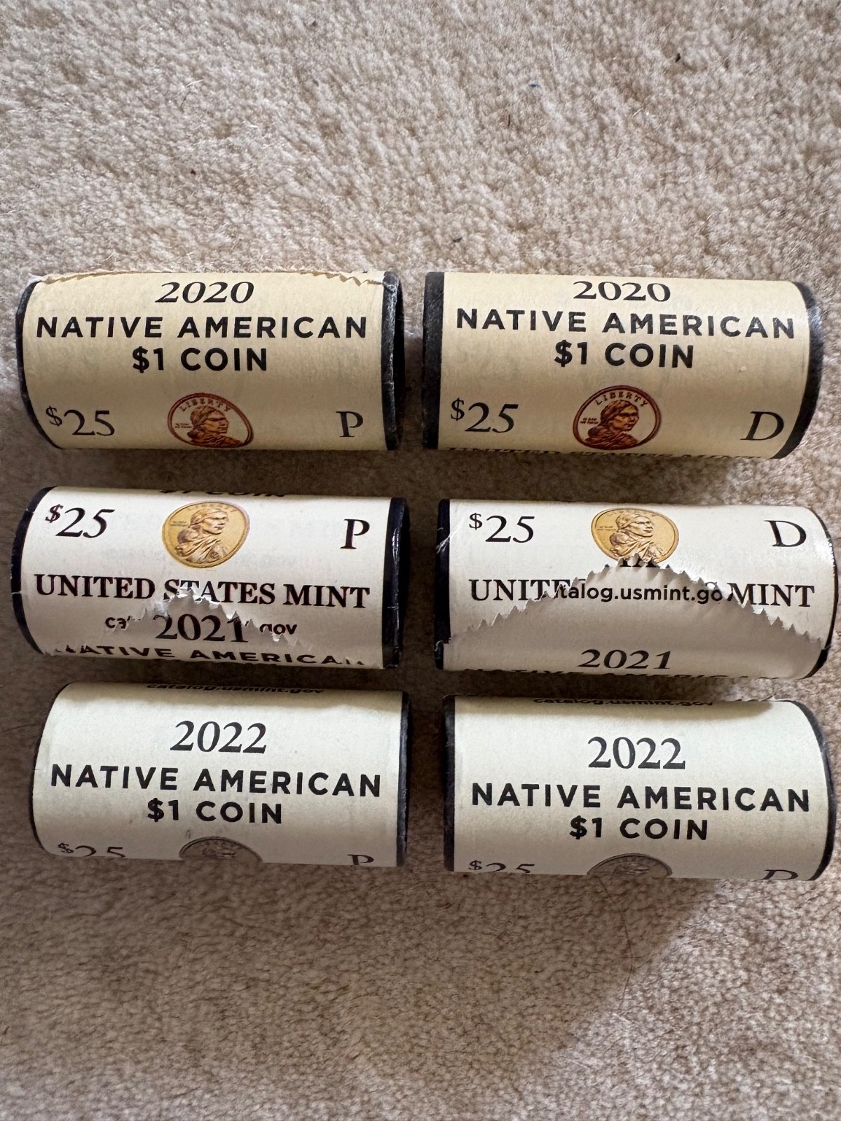 2020 P+D 2021 P+ D 2022 P +D BU Native American dollar 6 Mint ROLLS = 150 coins