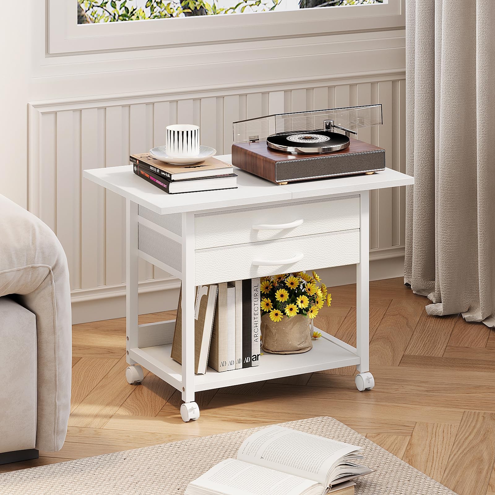 Large Printer Stand with Storage Fabric Drawer Under Desk Printer Table with ...