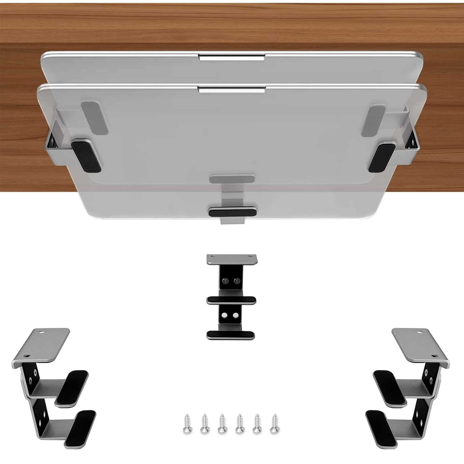 Silver 2 Tier Under Desk Laptop Mount, Double Decker Metal Shelf, Anti-Scratch