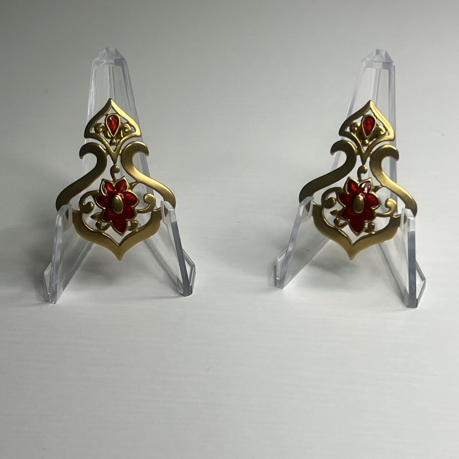 Vintage Ornate Openwork Stud Earrings Brushed Gold Tone & Red Enamel 1 3/4"