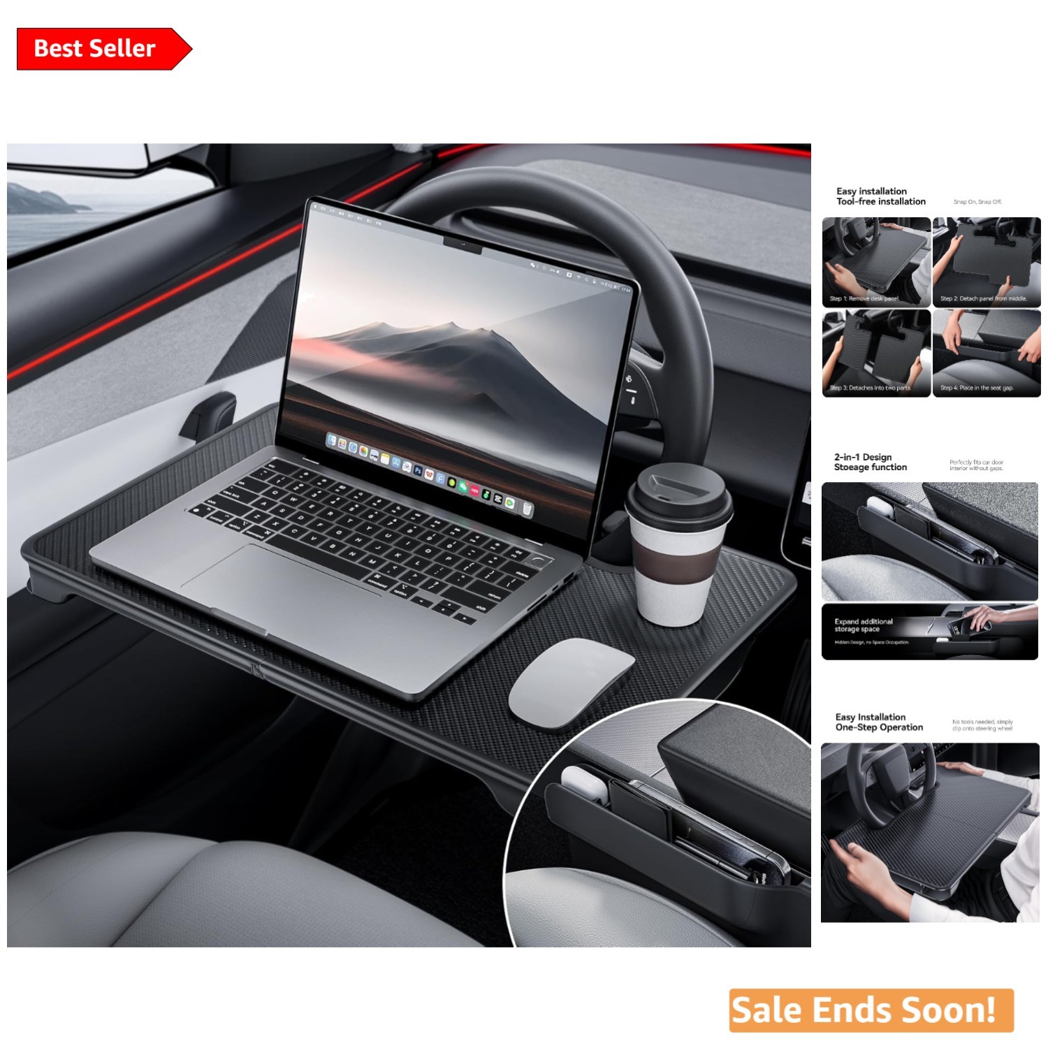 2-in-1 Car Steering Wheel Desk Tray and Gap Filler Organizer Black for Commut...
