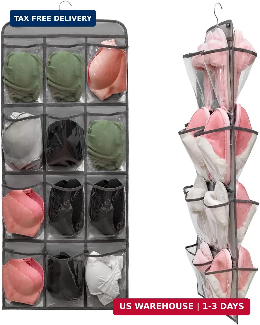 Hanging Shoe Organizer 24 Pocket Dual Sided Rotating Closet Rack Grey