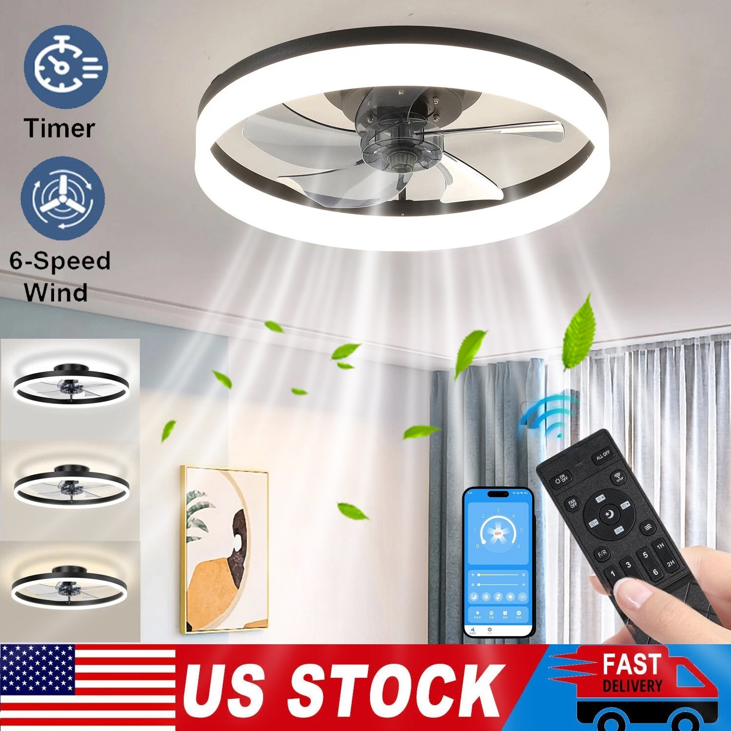 20" Modern Fan Lights Flush Mount LED Ceiling Light kit With APP Remote Control