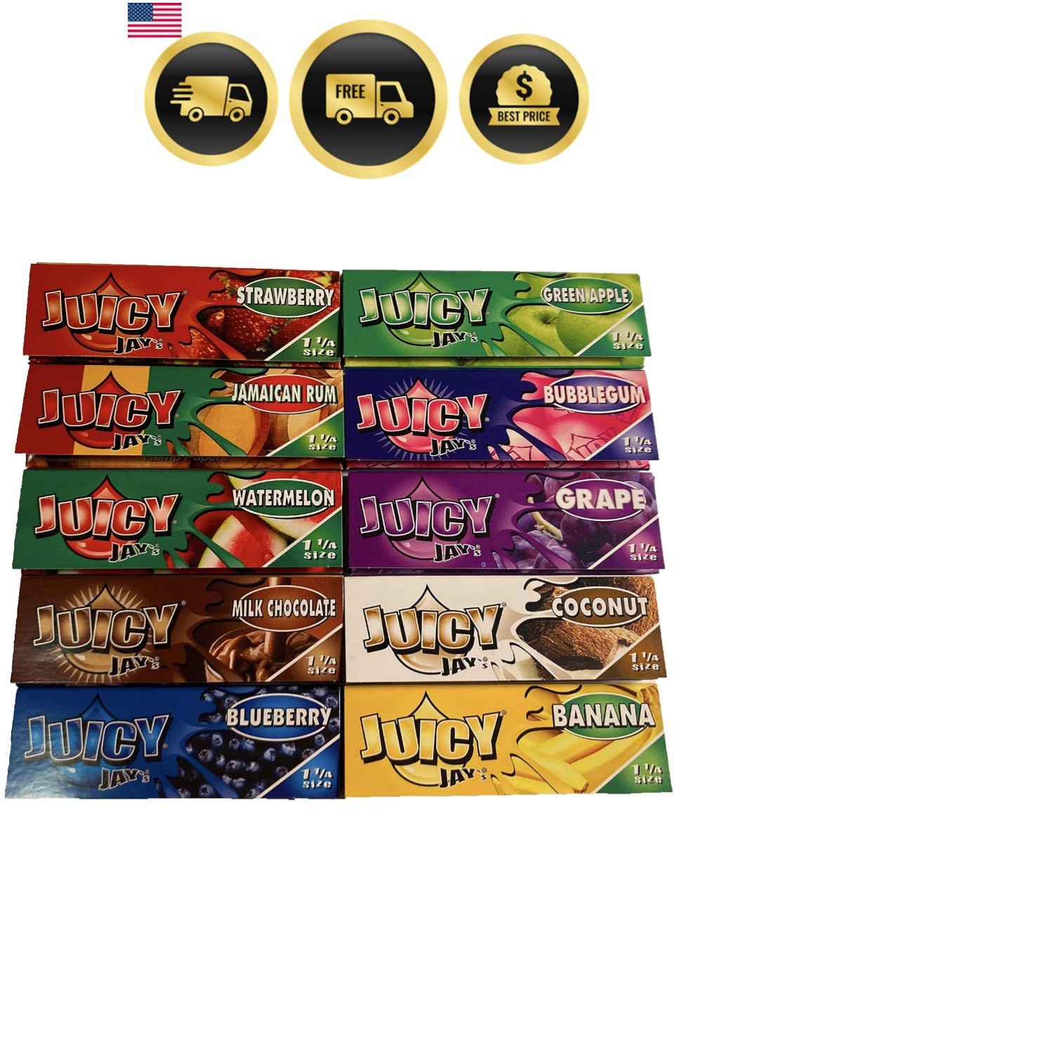 Juicy Jay 10 Pack Mixed Flavor 1 1/4 Size Flavored Rolling Paper 32 Count