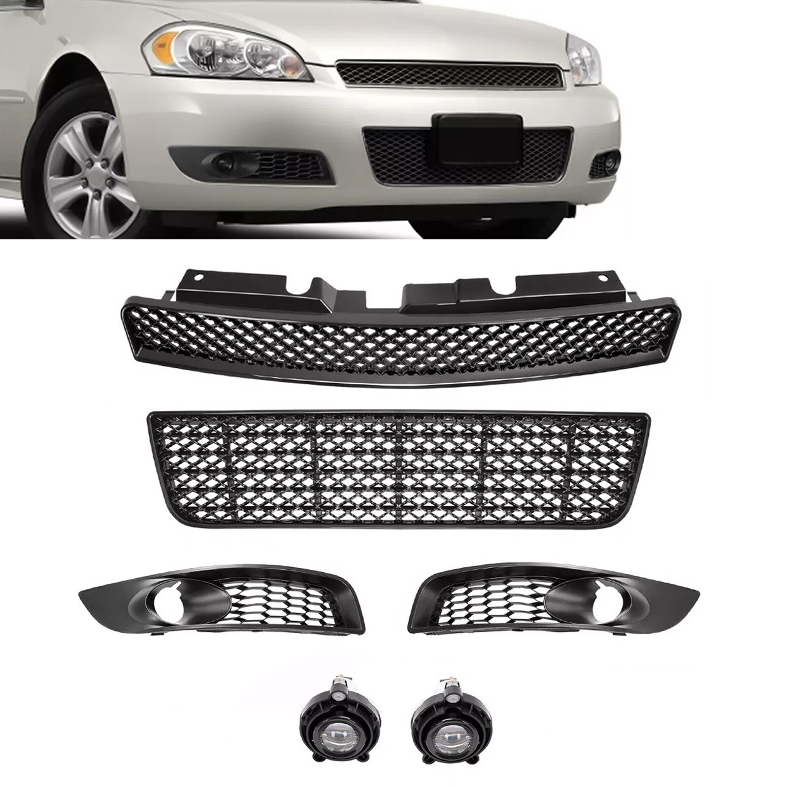 For Chevrolet Impala 06-13 Front Upper Lower Grilles & Fog Lights W/Bezels 6pcs