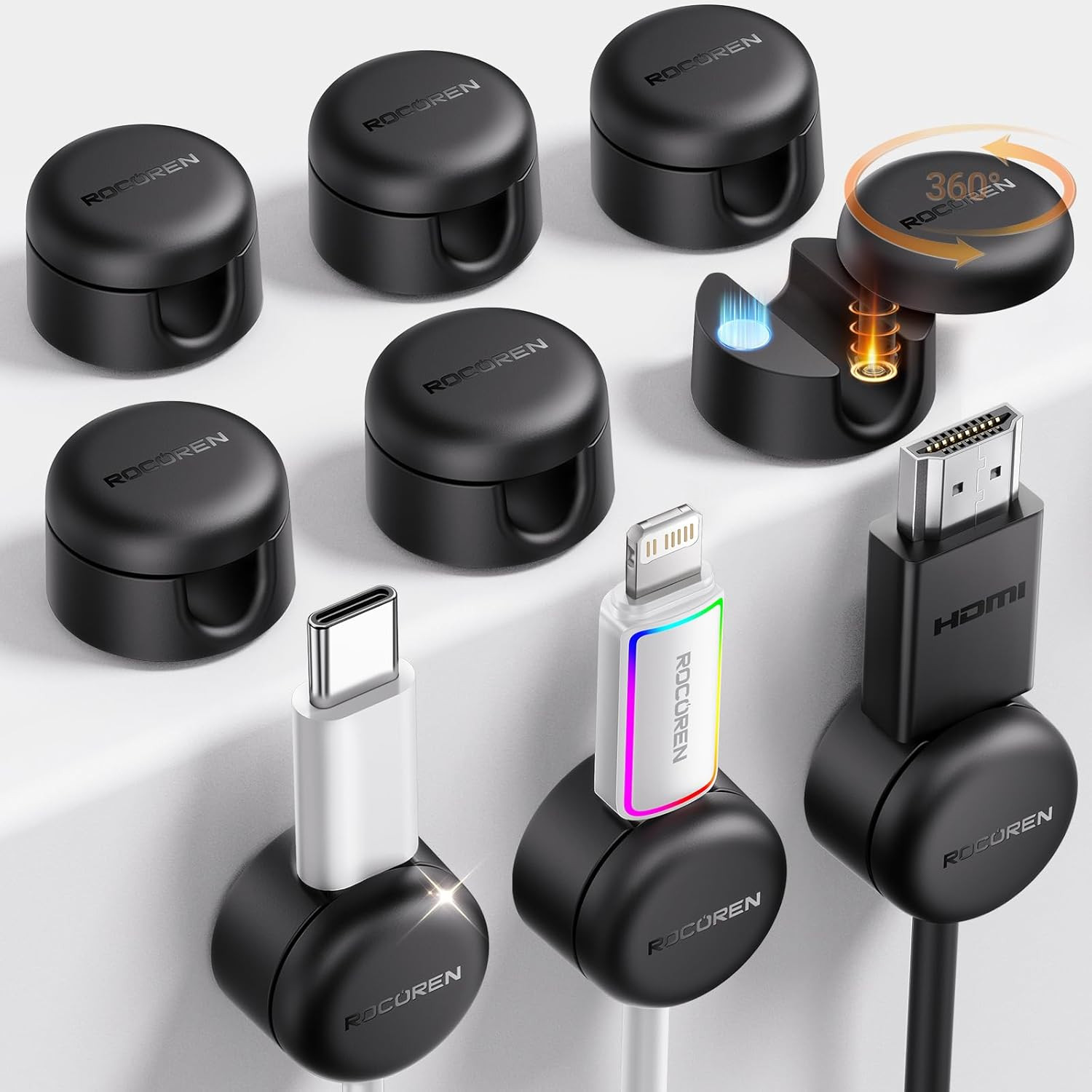 9-Pack Magnetic Cable Clips, 360° Rotatable Cord Organizers