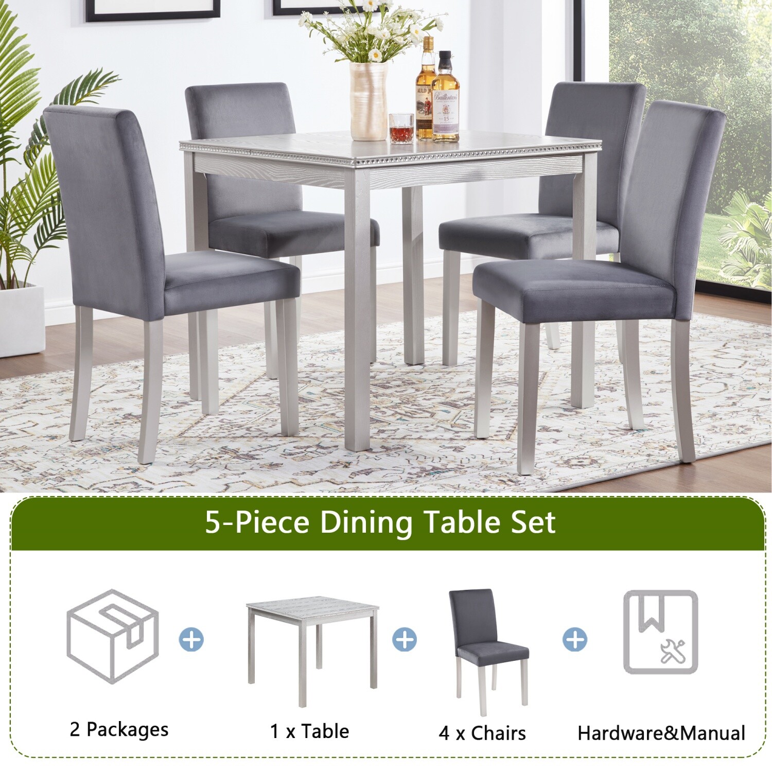5 Piece Dining Table Set Wooden Square Dining Table and 4 Chairs for Dining Room