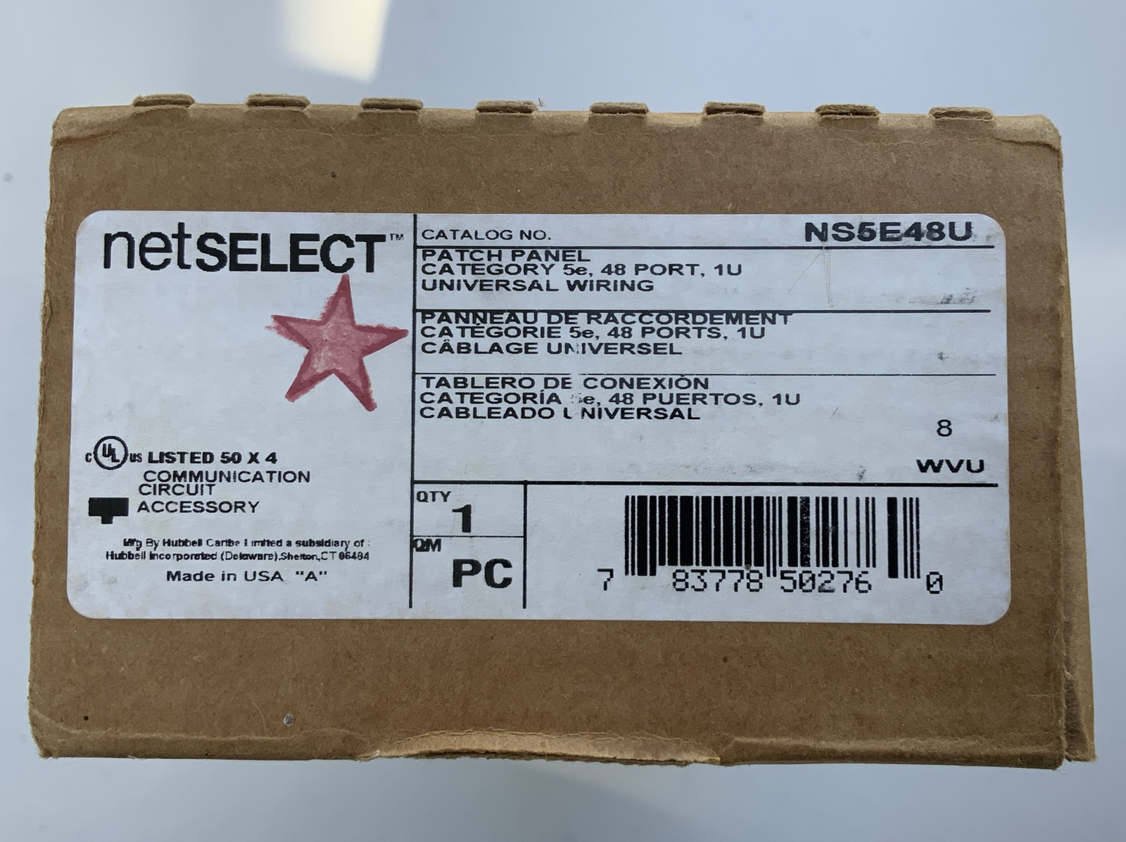 Hubbell Patch Panel, Category 5e, NS5E48U, 1U,  48 Port, Universal Wiring