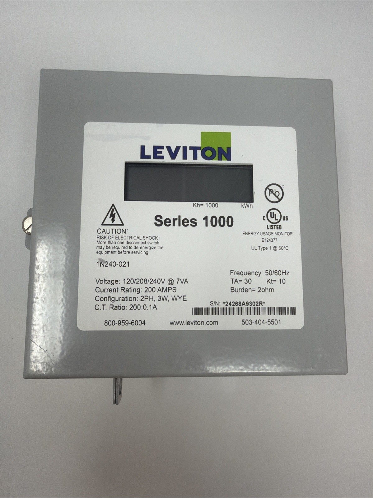 Leviton 1N240-021 Series 1000 Indoor Dual Element kWh Meter, Max 200A
