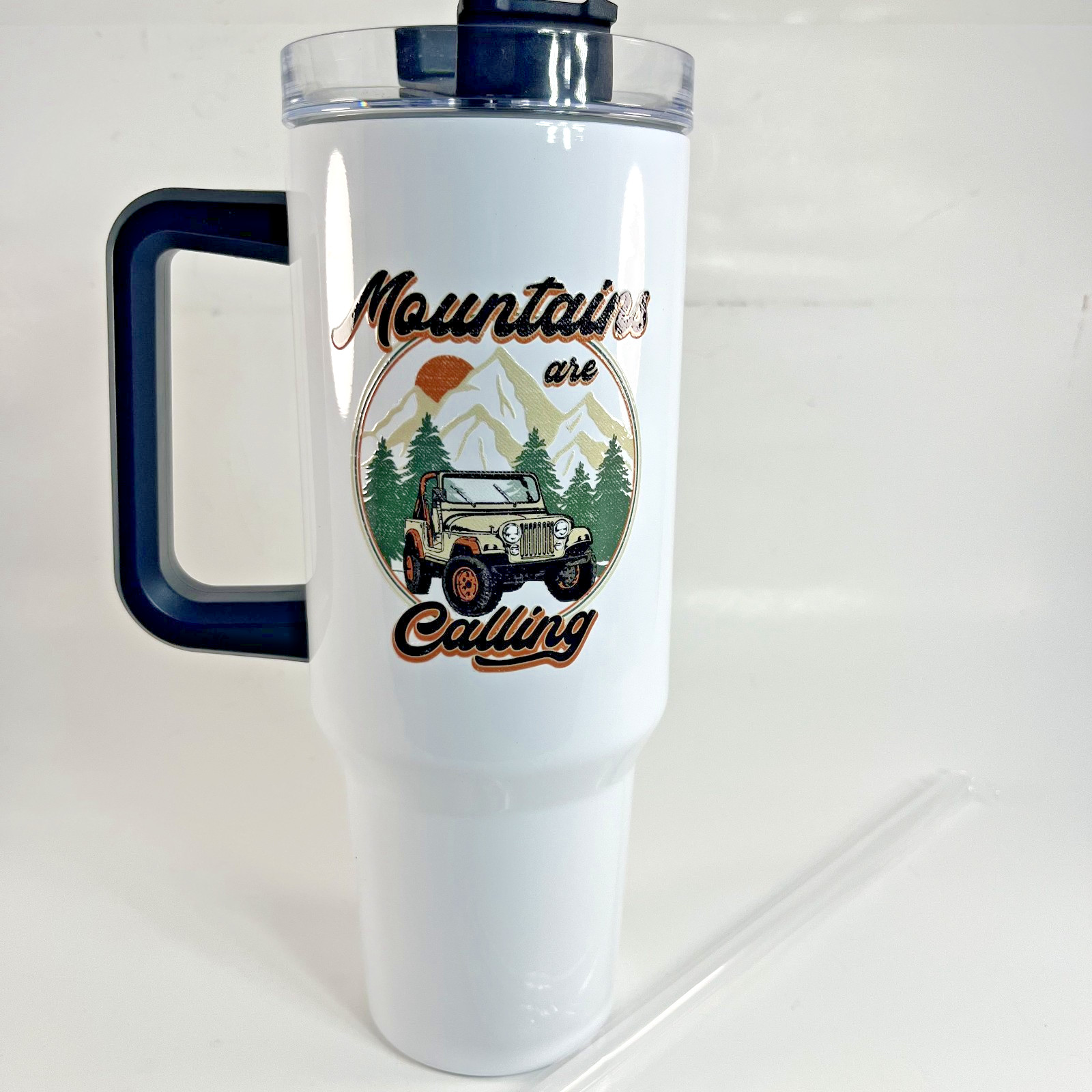 Stainless Steel Travel Tumbler 30oz Mountains Jeep Camping Black Handle