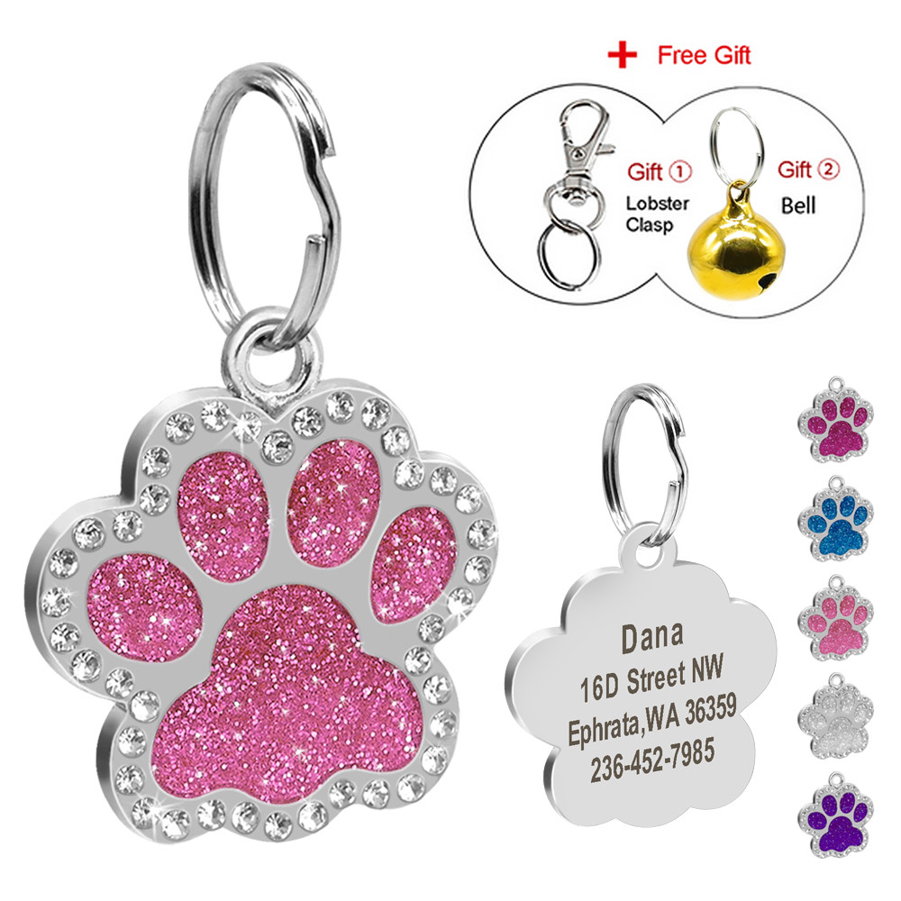 Personalized Dog Tags Engraved Puppy Pet ID Name Collar Tag Bling Paw Glitter