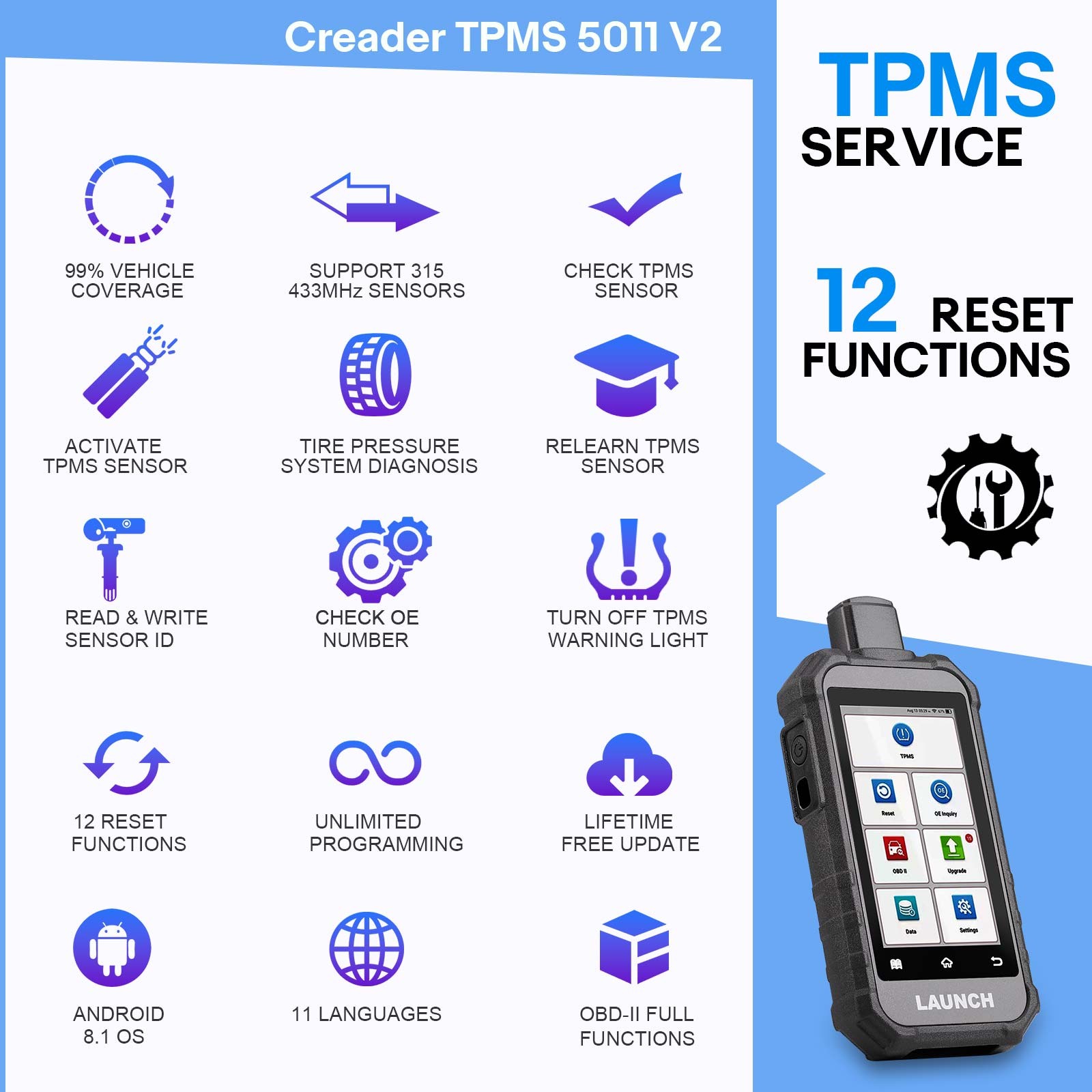 LAUNCH Creader TPMS 5011 V2 TPMS Sensor Activation/Reading/ Diagnosis/Learning