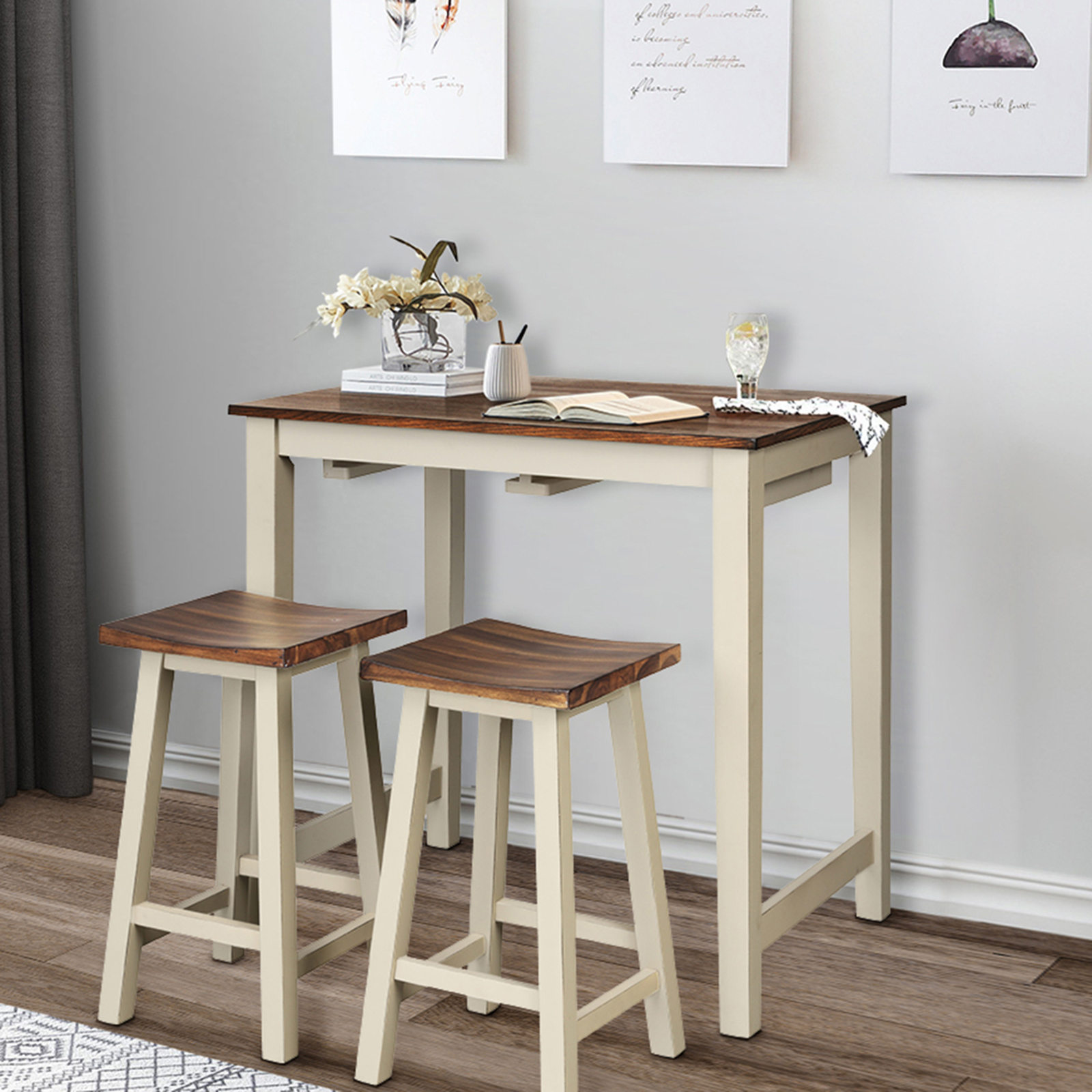 3-Piece Bar Table Set Counter Pub Table& 2 Saddle Bar Stools w/ Hanging Design