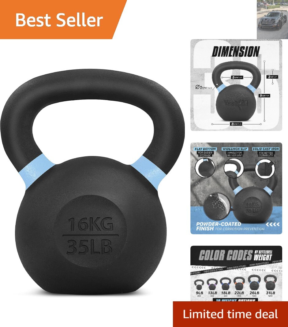 Non-Slip Powder Coated Cast Iron Kettlebell for Full Body Workouts - 35.3 LB
