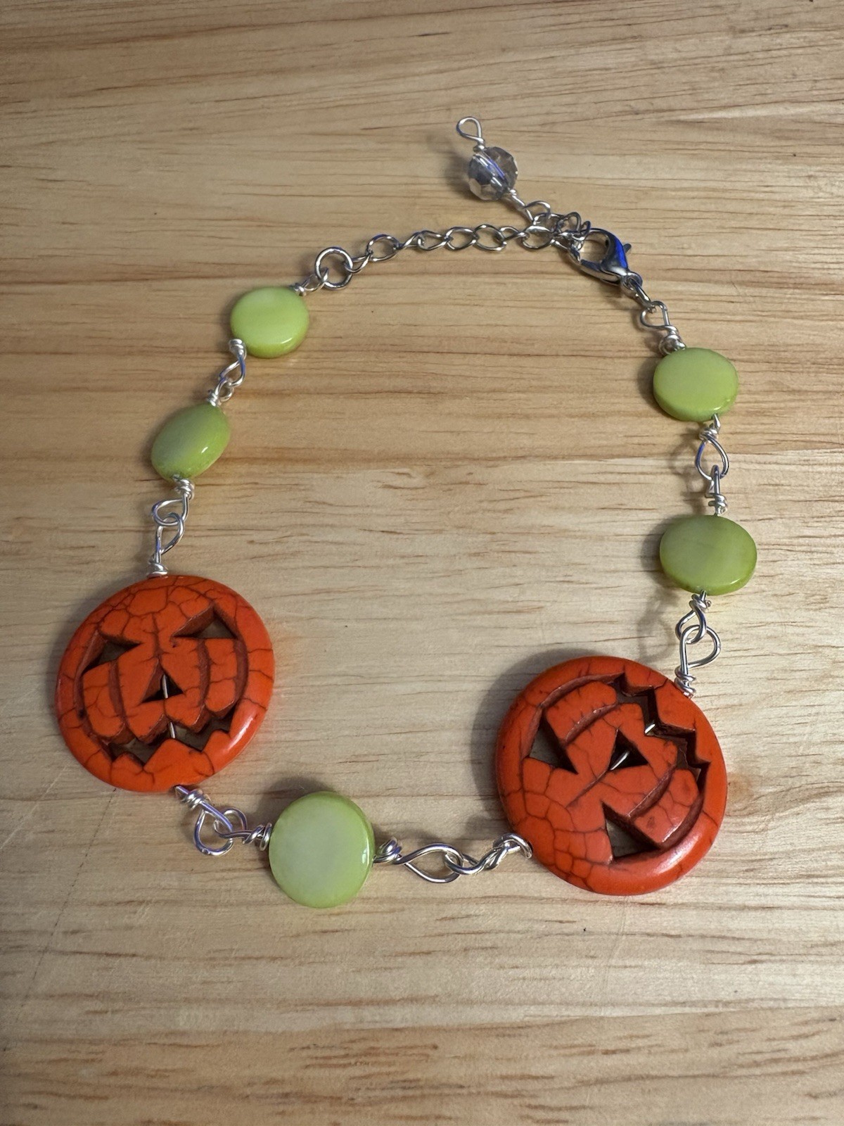 Handmade Wire Wrapped 7.5-10” Halloween Bracelet With Pumpkin & Green Faux Pearl