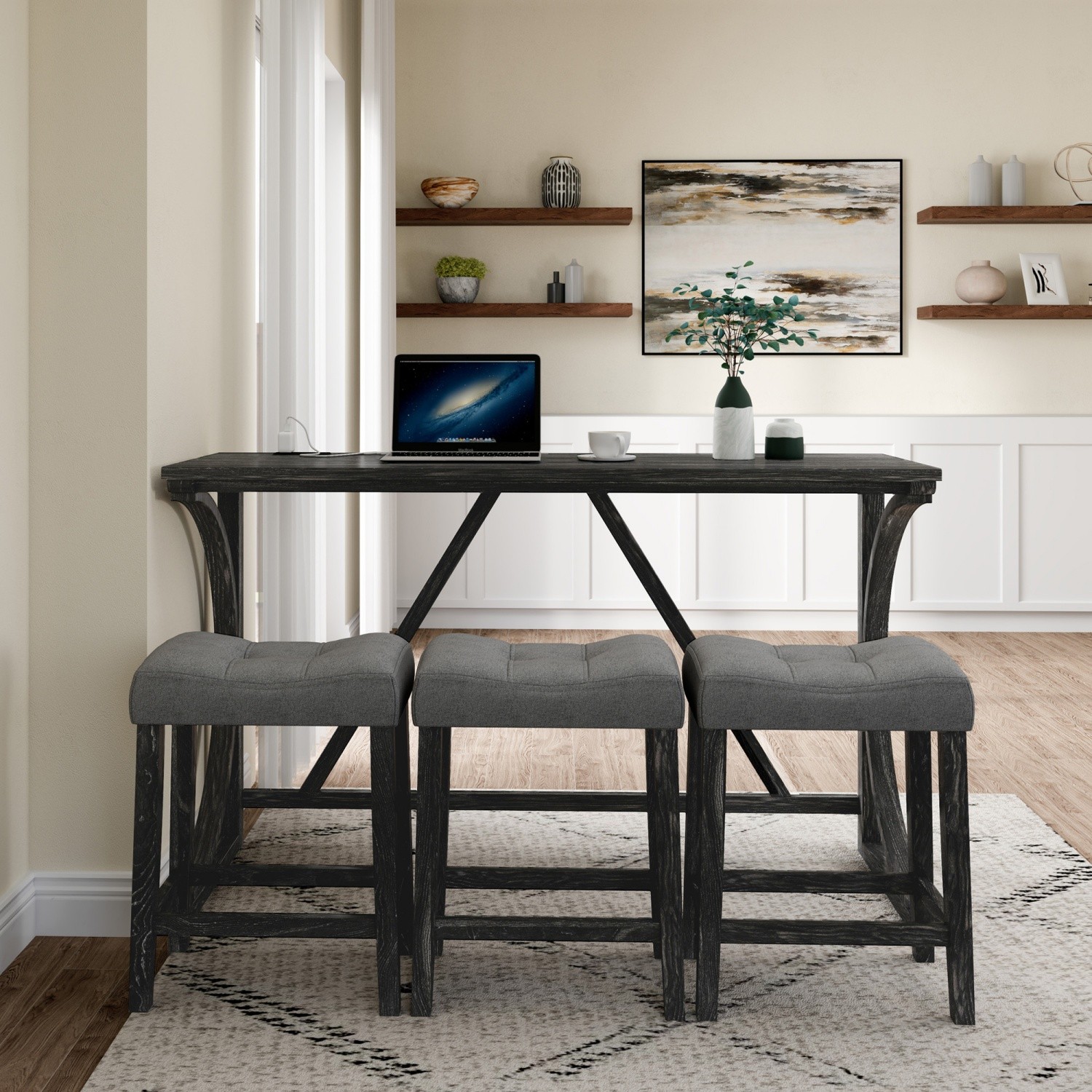 4 Piece Bar Table Set Kitchen Counter Height Table Dining Table w/ 3 Bar Stool