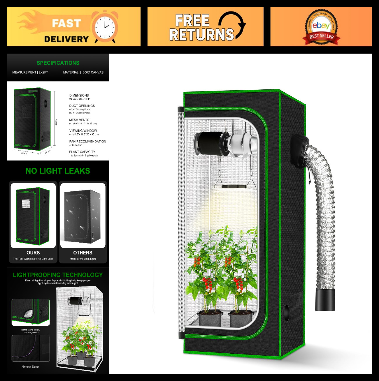2x2 Grow Tent 24"x24"x48" Hydroponic Indoor Plant Setup with Observation Window