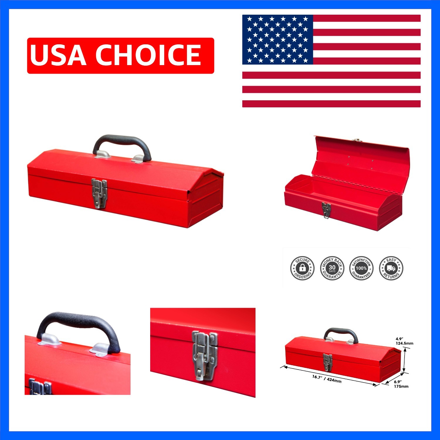 TB102 16" Hip Roof Style Portable Steel Tool Box with Metal Latch Closure, Red