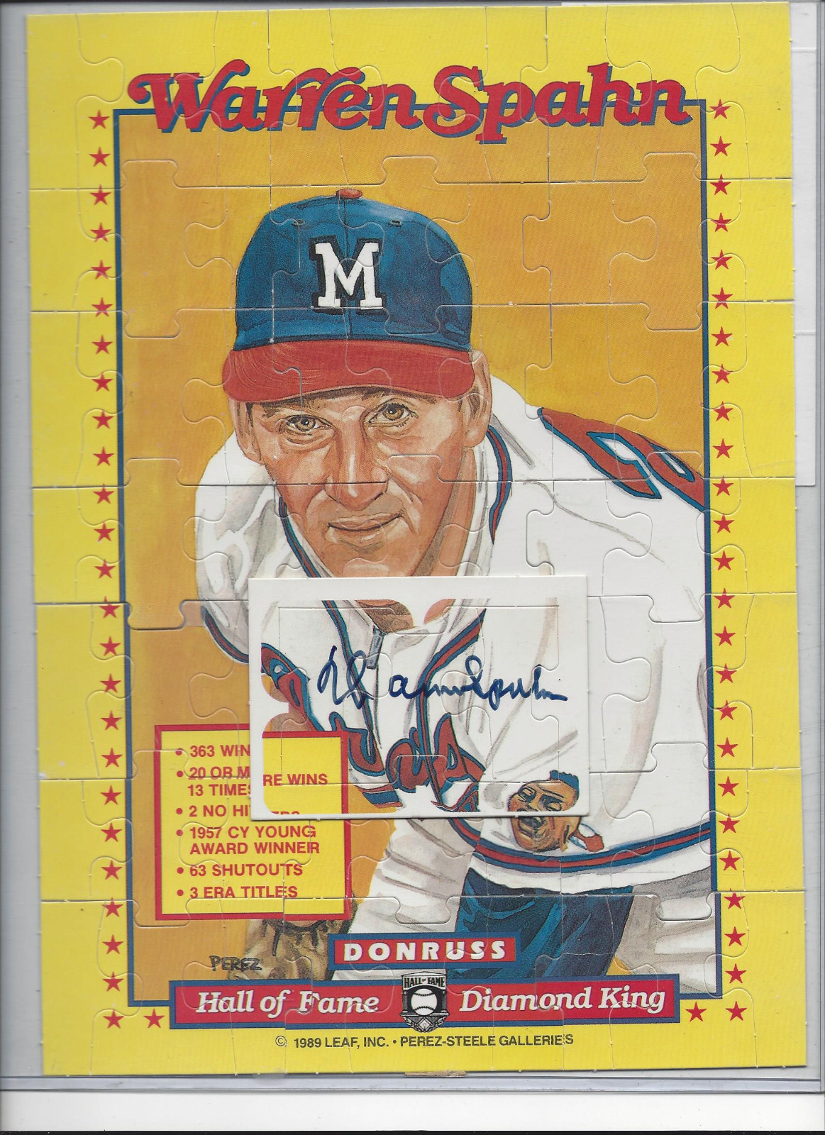 Warren Spahn Signed 1989 Donruss Perez Steele Puzzle JSA COA