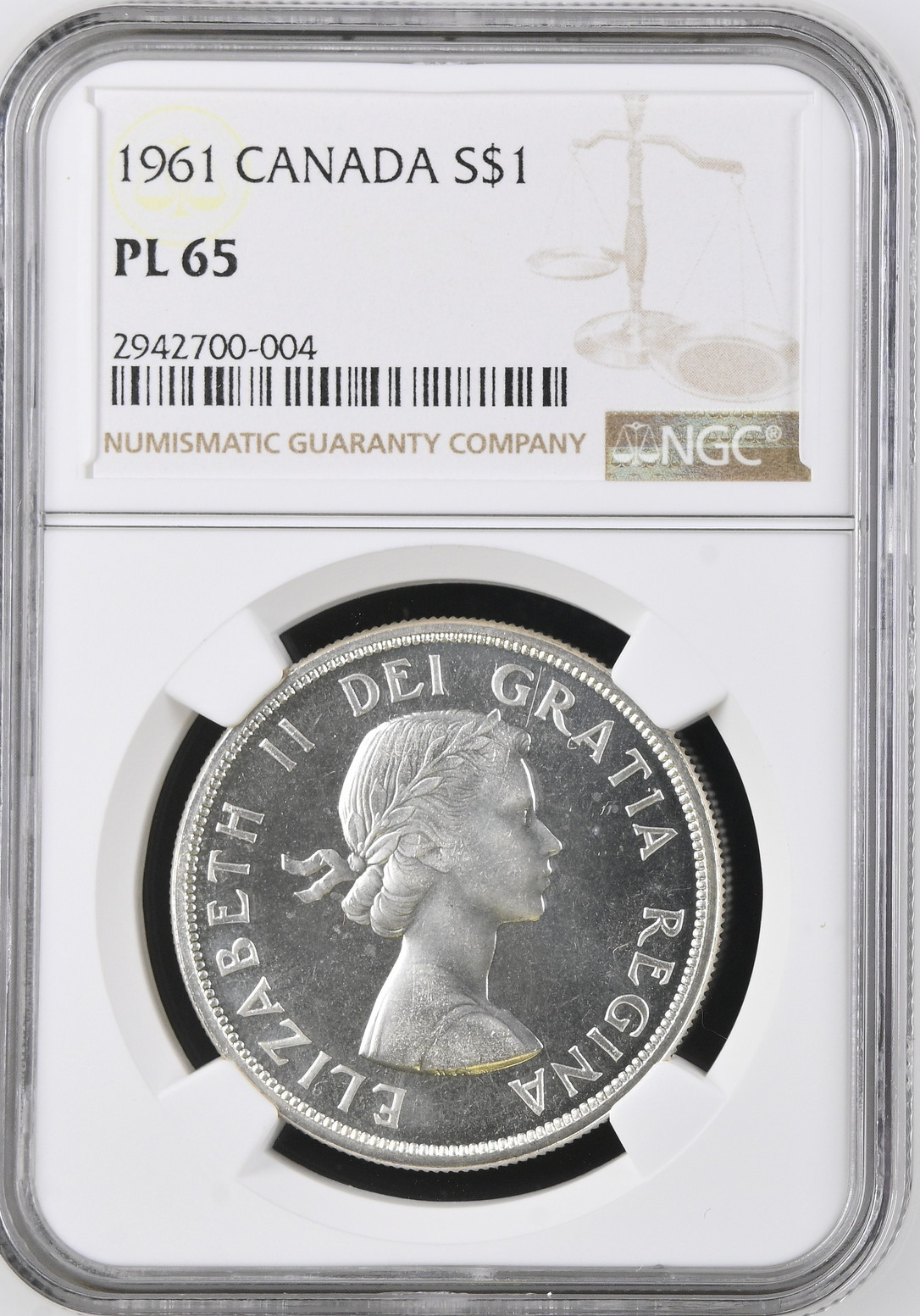 :1961 1$ DOLLAR ELIZABETH-II CANADA NGC PL65 RARE R5 (SEMI-CAMEO) HIGHEST-GRADES
