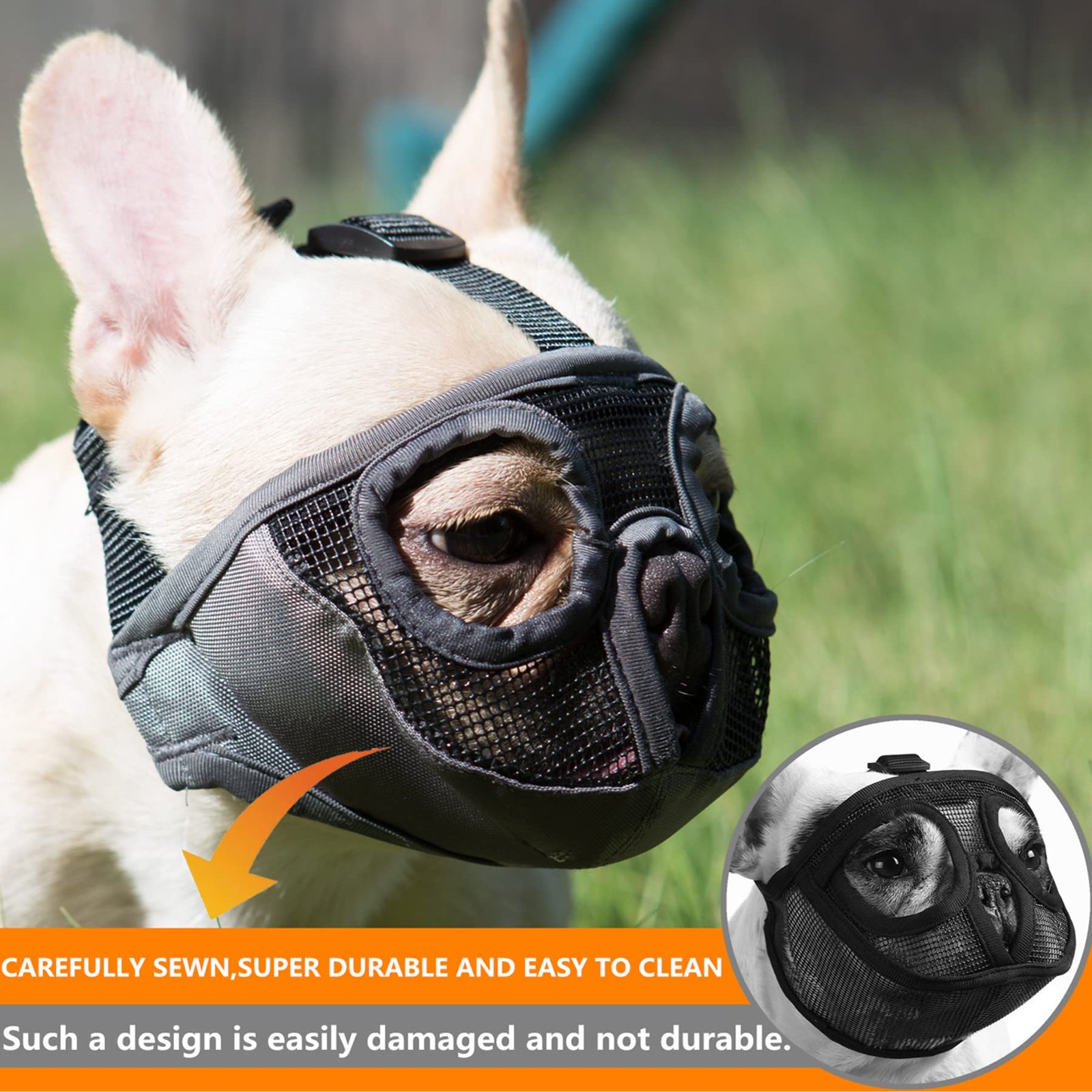 M Short Snout Dog Muzzle Grey Adjustable Breathable Mesh Bulldog Muzzle