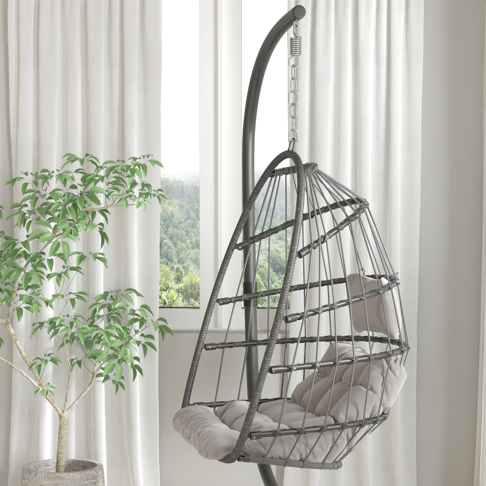 Foldable Hanging Egg Chair with Included C-Stand and Gray Cushions - Gray