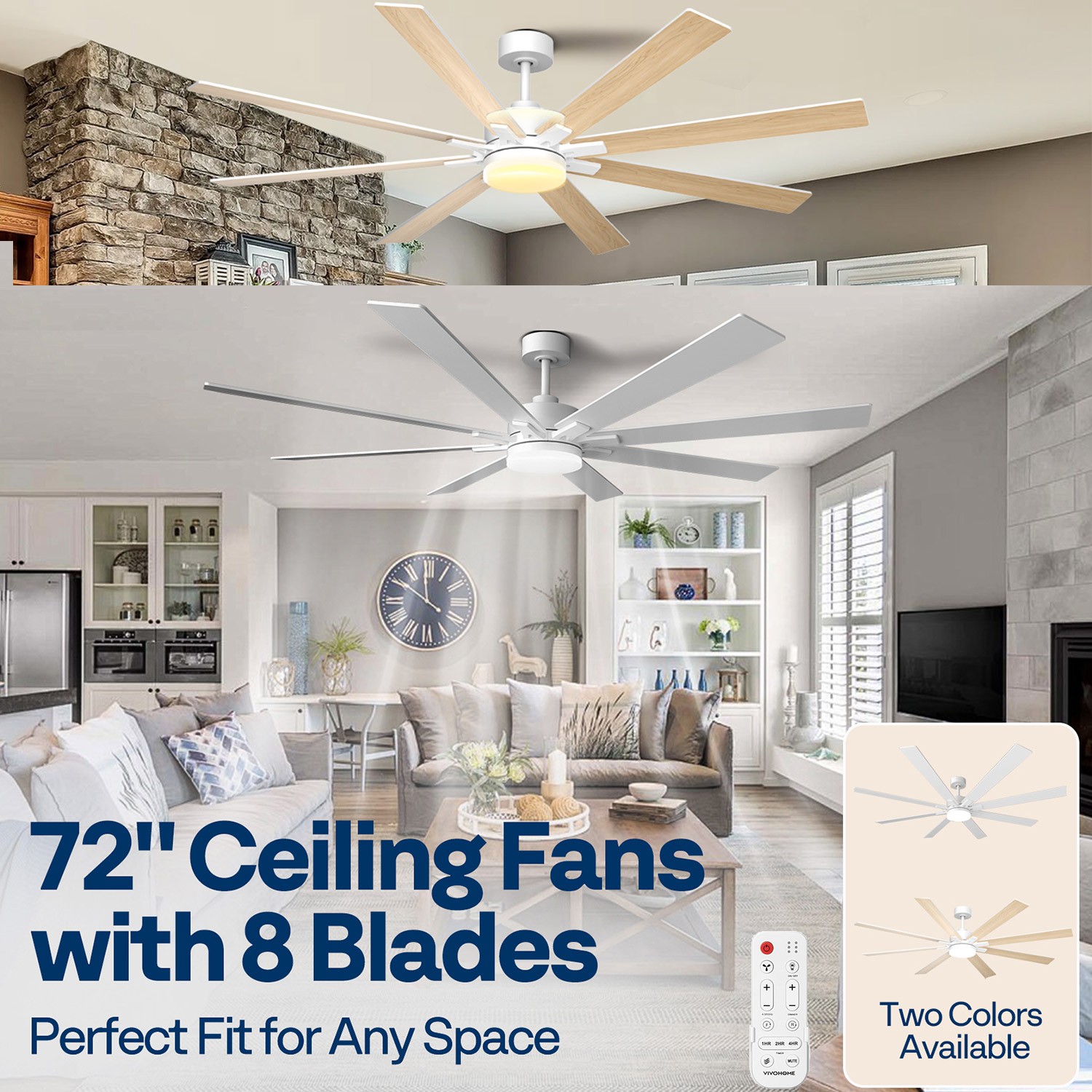 72" Ceiling Fan with Light Remote Quiet DC Motor 6 Speed Large Room White Timer
