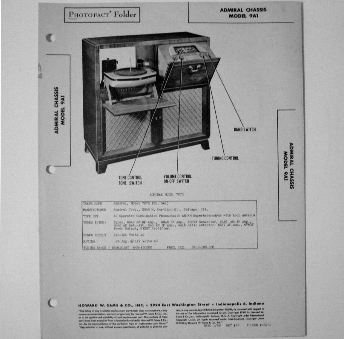 Admiral Chassis Model 9A1 Console Radio Receiver - SAMS Photofact ™ 1948 - New