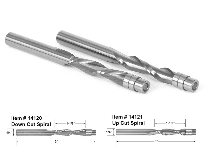 2 Bit Flush Trim Solid Carbide Spiral Router Bit Set - 1/4" Shank - Yonico 14220