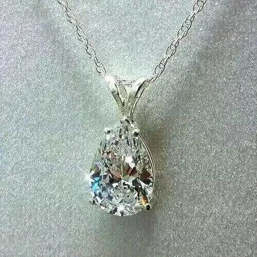 3Ct Pear Cut Lab Created Diamond Women's Pendant Necklace 14k White Gold Finish