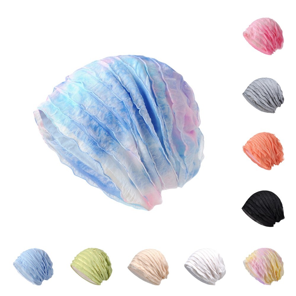 Women Solid Cotton Lace Striped Stretch Beanie Hat Elastic Summer Slouchy Cap