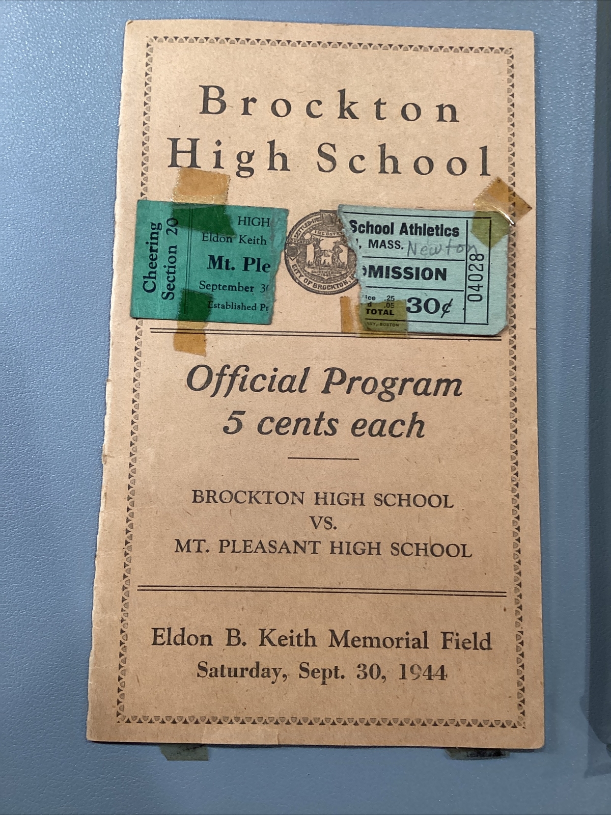 1944 Sept 30 Brockton Mt Pl Massachusetts High School Football Program w Ticket