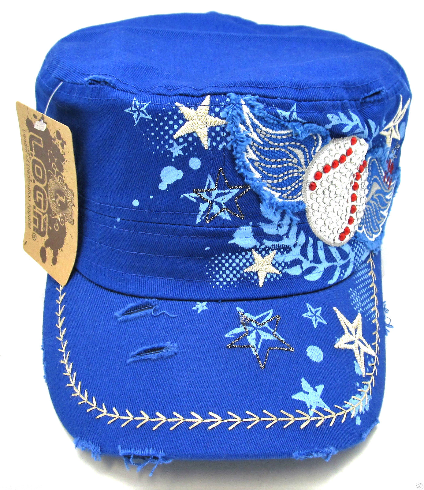 Military Cadet Cap Hat Rhinestone Baseball Distressed Adjustable OSFM Blue NWT