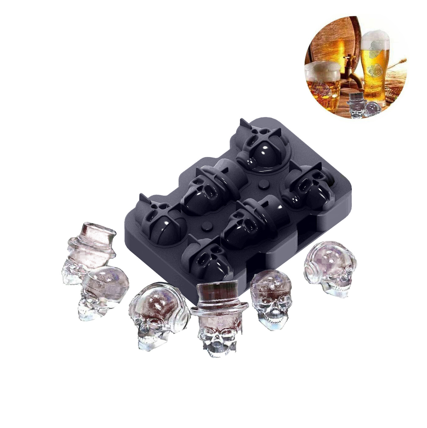 3D Skull Ice Cube Tray Mould Six Vivid Skulls Silicone Ice Cube Maker Black US