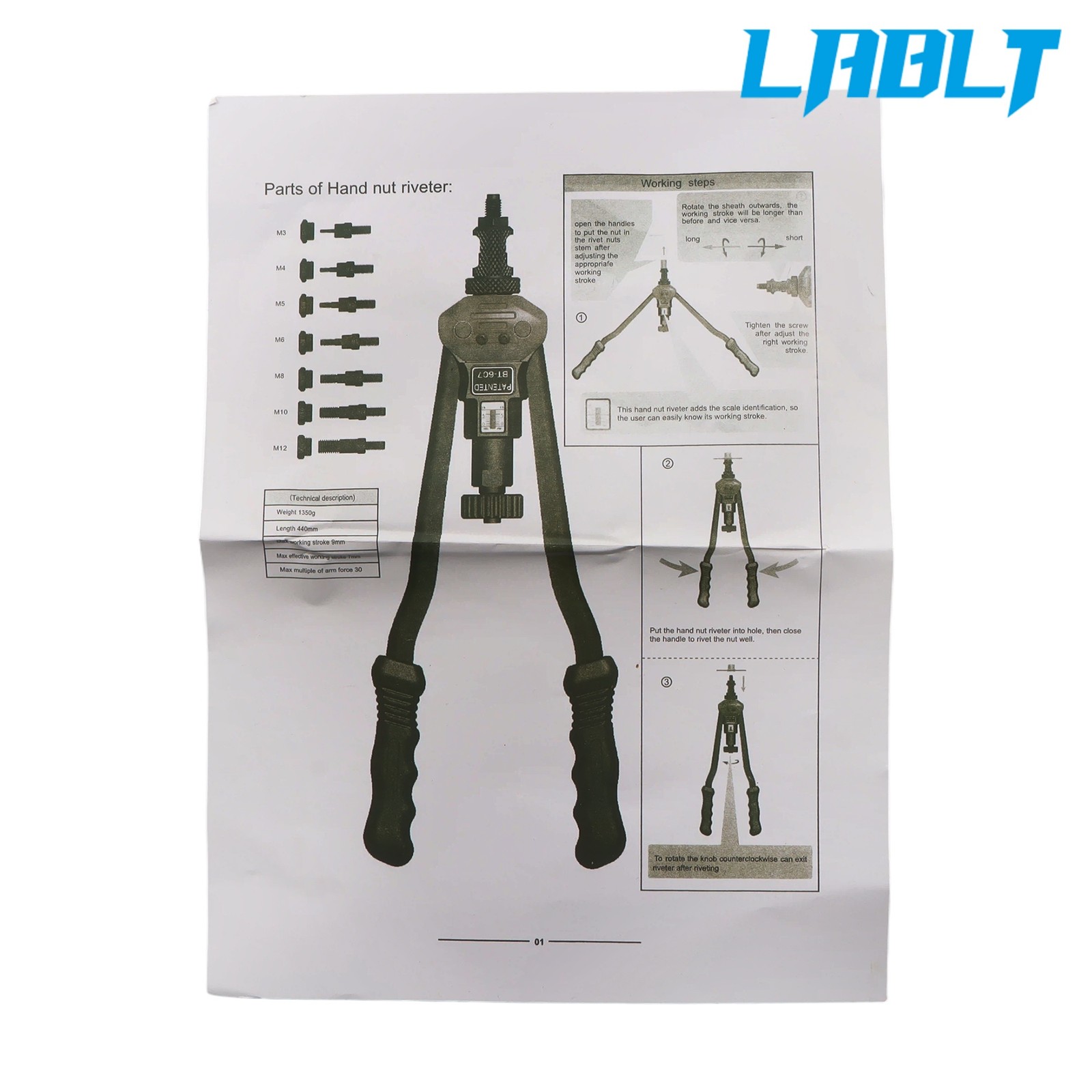 LABLT 16-Inch Rivet Nut Gun Set 15 Mandrels 200Pcs Rivnuts Nutsert Tool Kit