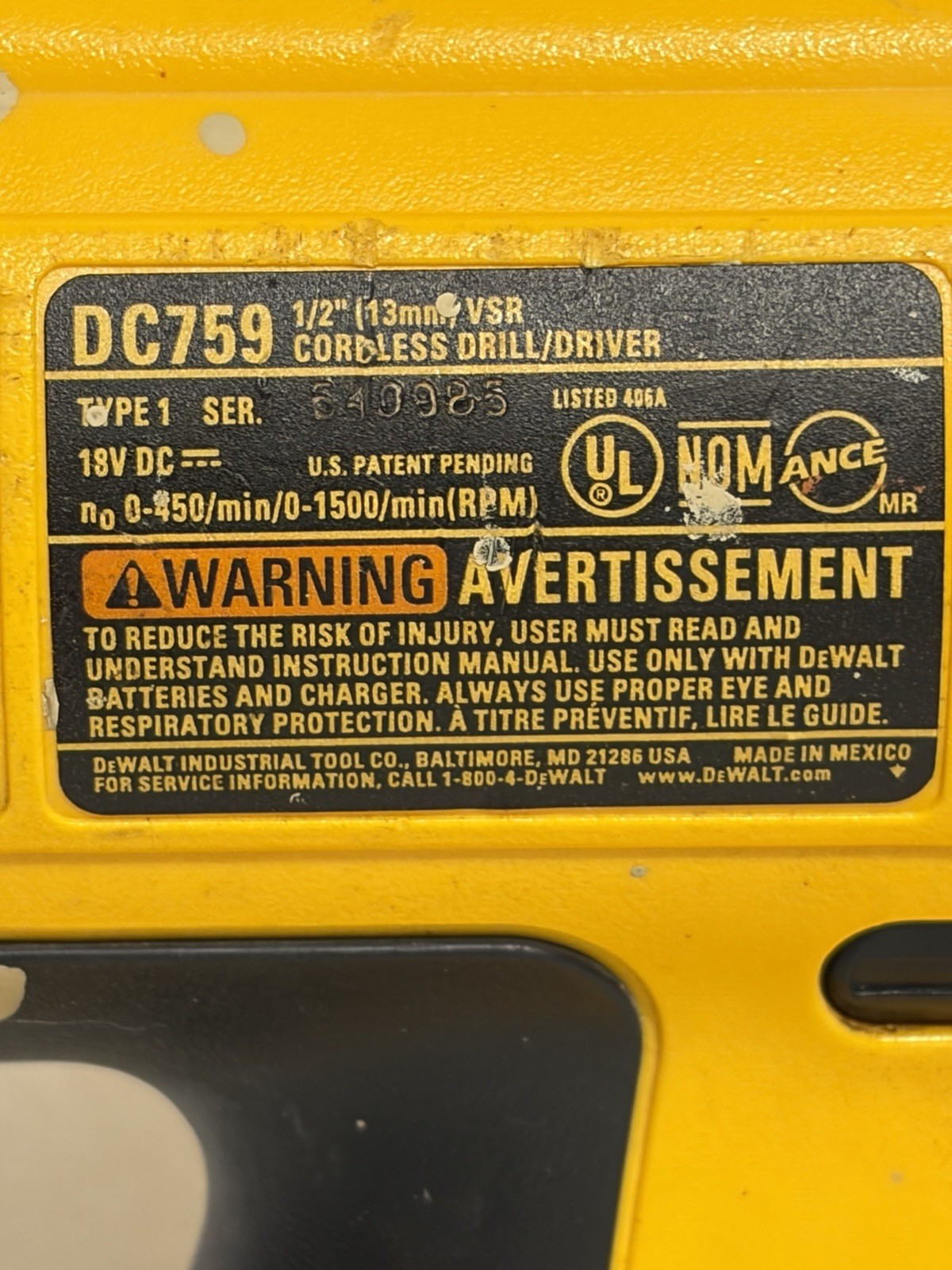 USED DeWalt DC759 Bundle - DRILL, BATTERY, and CHARGER with CASE