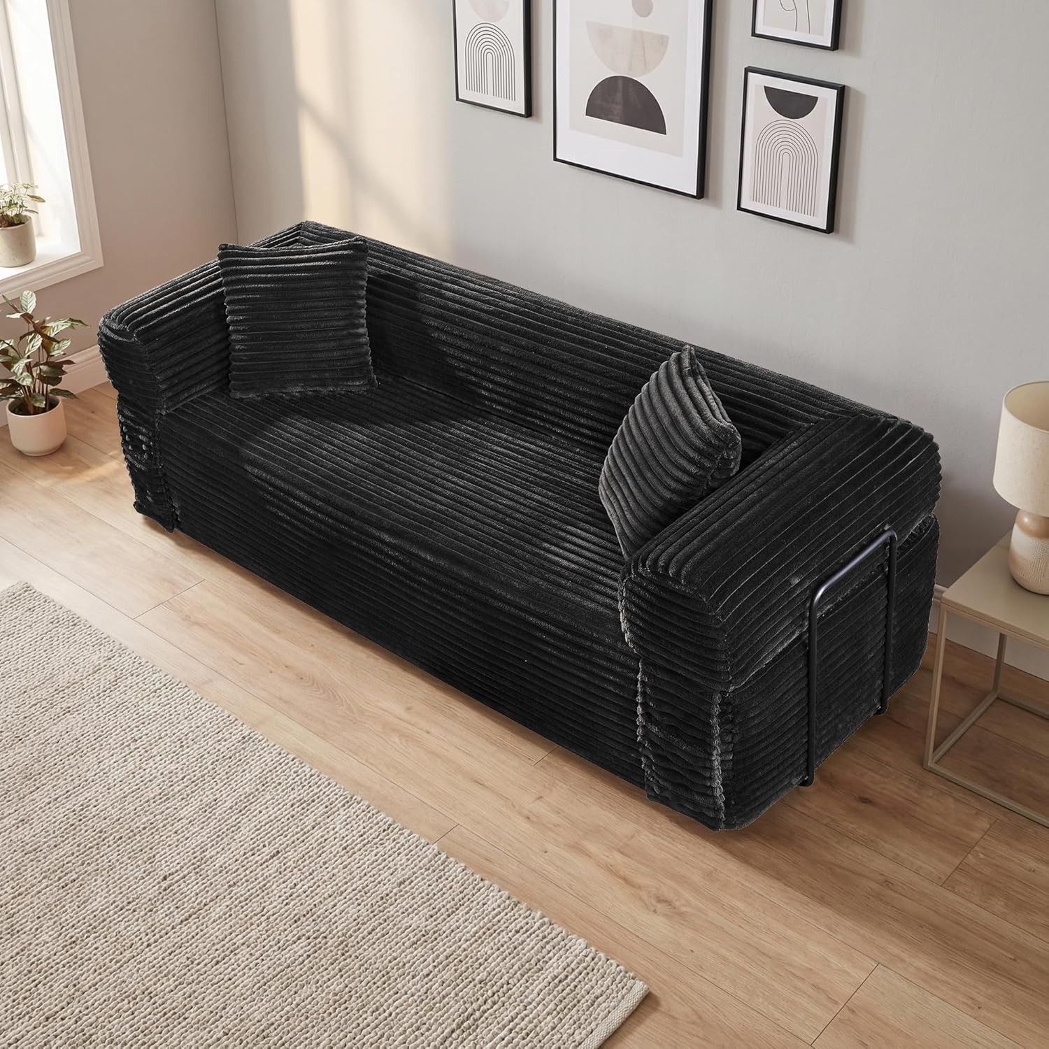 Boneless Convertible Couch Corduroy Sofa with 2 Pillows + Removable Backrest