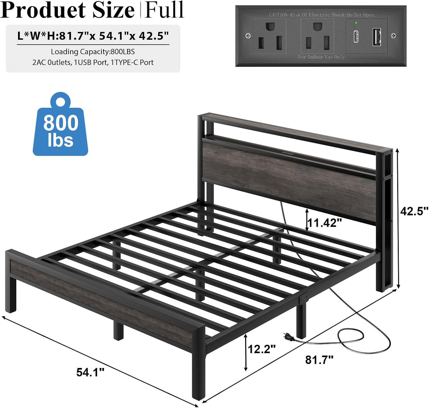 Full Size Bed Frame with Storage Headboard, Industrial Platform Bed with Chargin