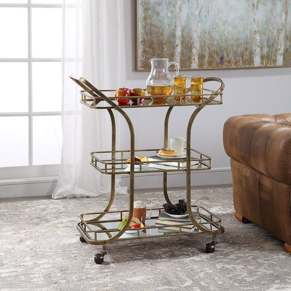 UTTERMOST 24876 STASSI ANTIQUED GOLD HAND FORGED IRON BAR CART WITH CASTERS