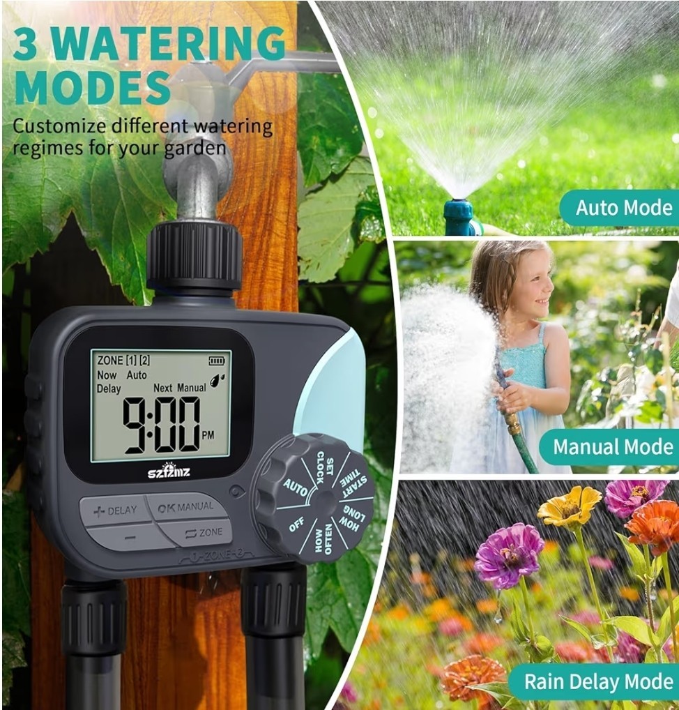 Water Timer for Garden Hose Programmable, 2 Zone Sprinkler Timer with Rain Delay
