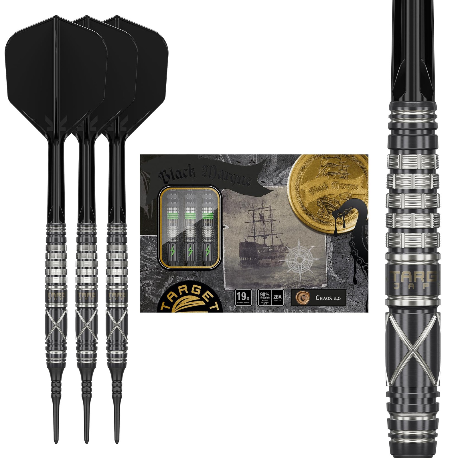 Target Darts BLACK MARQUE CHAOS 2.0 90% Tungsten K-Flex Soft Tip Dart Set - Leon