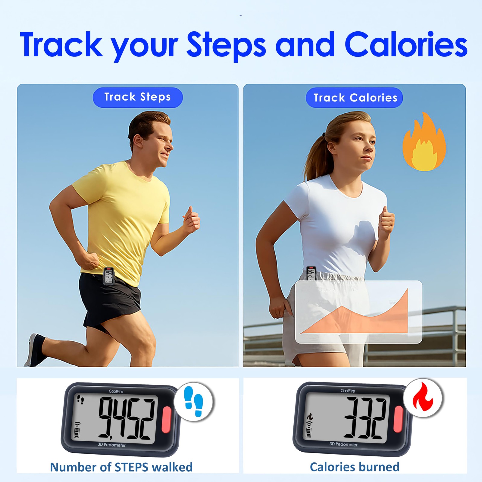 CoolFire - Clip-On 3D Pedometer Step Counter for Walking Steps, mat black