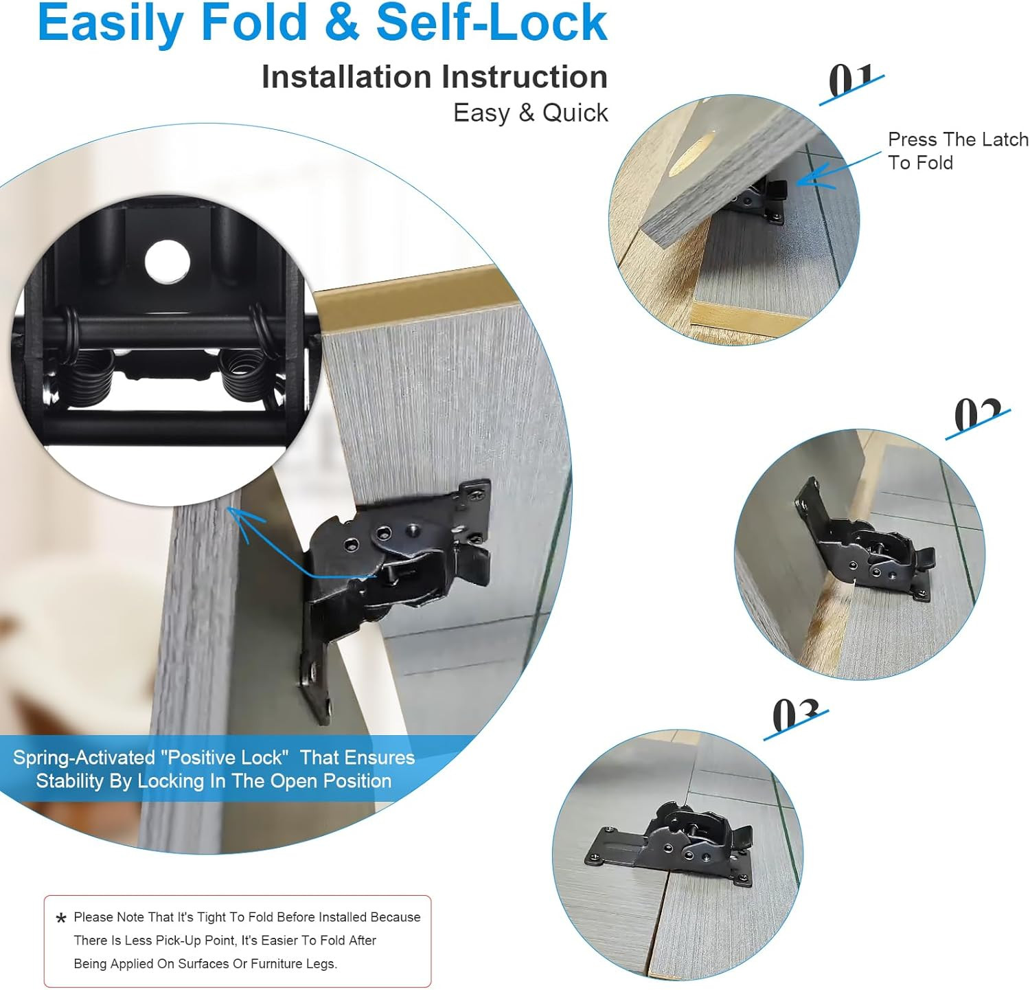 4 Pack Folding Brackets, Self-Locking Hinges with Screws & Non-Slip Pads, 500LB
